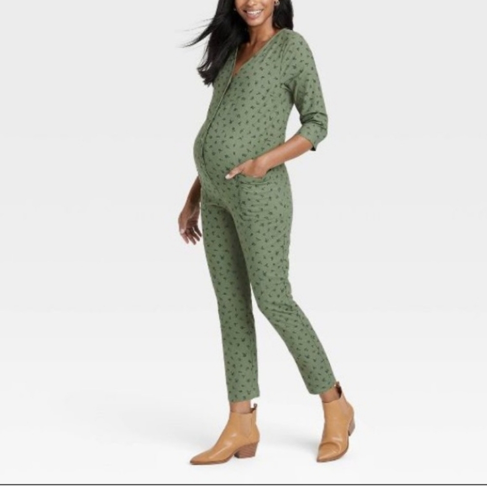The Nines by HATCH Olive Green Maternity Jumpsuit with Subtle Print